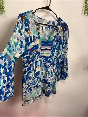 Sara Campbell Blue & Aqua Mosaic V-Neck Tunic